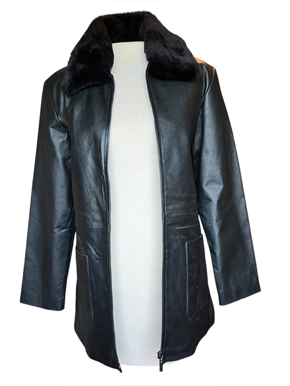 NWT VINTAGE 90s Black Leather Jacket w/ Faux Fur Collar Sz S